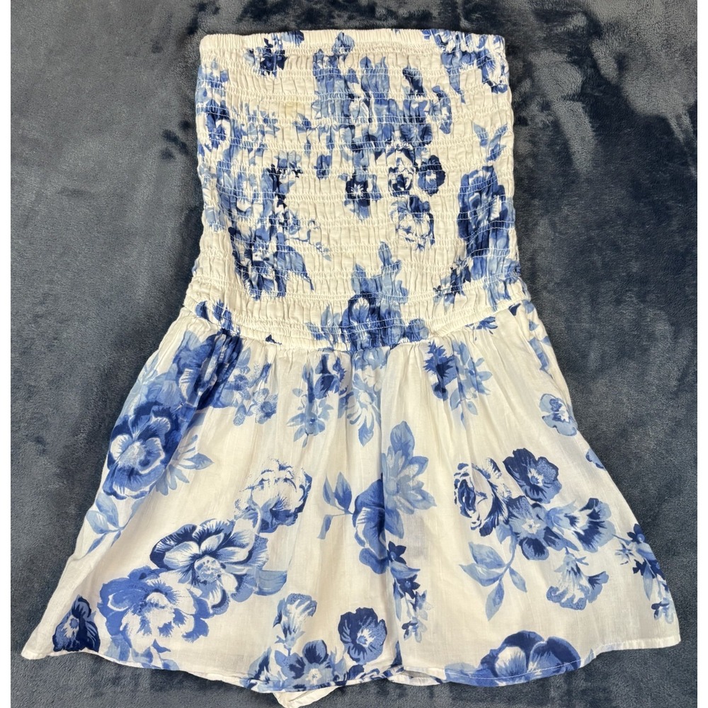 Hollister Womens Strapless Smocked Bodice Mini Dress Blue White Floral Beach XS
